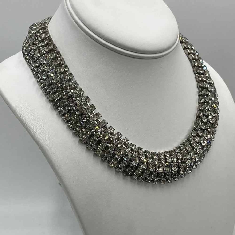 Vintage Art Deco Five Row Crystal Rhinestone Bling Collar Necklace 17"
